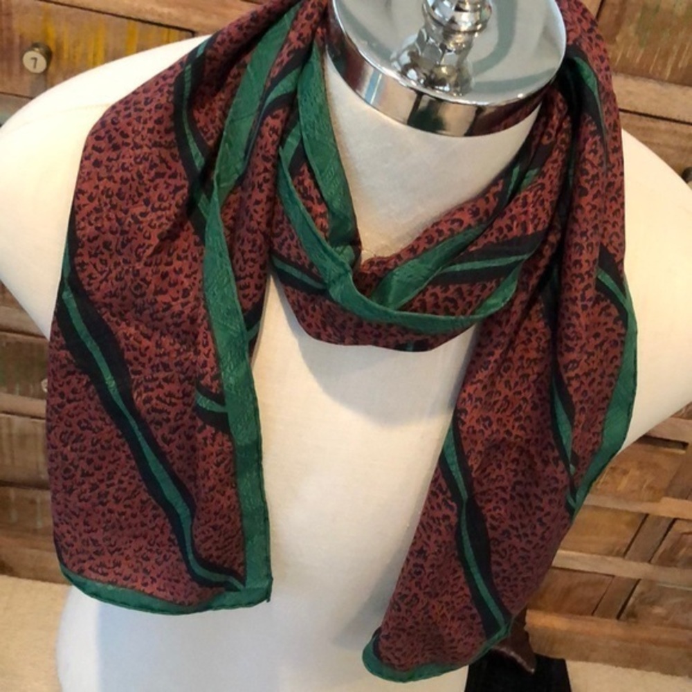 Red/green/black abstract design silk long scarf